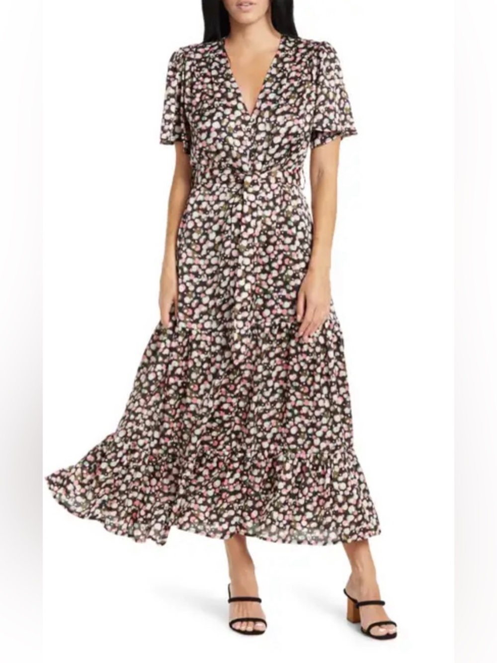 FRNCH Black Floral Maxi Dress with Pink, Green and Cream Motif